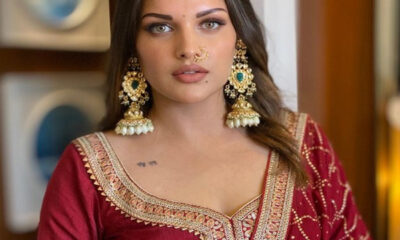 Hussain's queen Himanshi Khurana flaunts her beauty with jhumkas and mehrun suits.